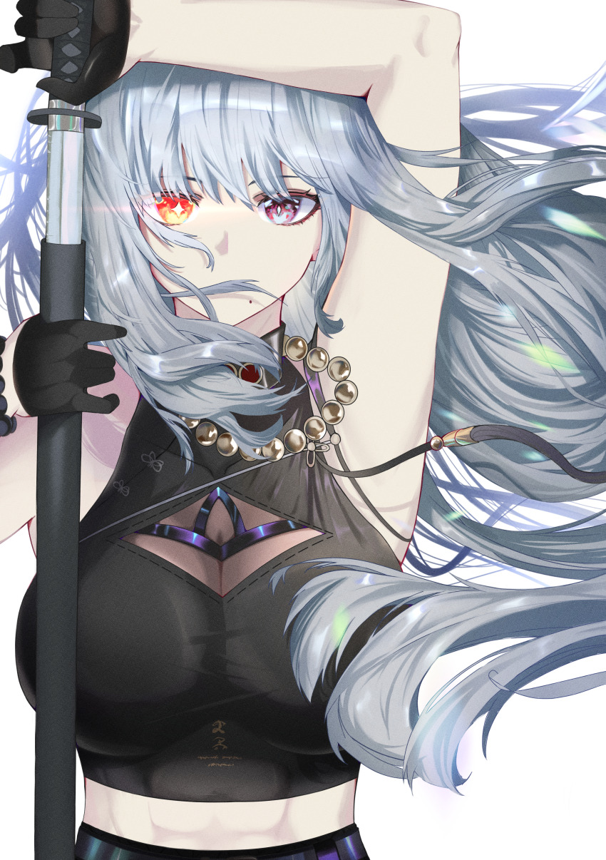 1girl absurdres alternate_hair_length alternate_hairstyle black_gloves black_shirt breasts bright_pupils cleavage commentary covered_mouth drawing_sword english_commentary floating_hair gloves grey_hair half_gloves highres holding holding_sword holding_weapon katana laplasc large_breasts long_hair looking_at_viewer midriff mismatched_irises mole mole_under_mouth red_eyes sanhua_(wuthering_waves) scabbard see-through_cleavage see-through_clothes sheath shirt sleeveless sleeveless_shirt solo straight-on sword tacet_mark_(wuthering_waves) toned_female unsheathing upper_body very_long_hair weapon white_pupils wuthering_waves