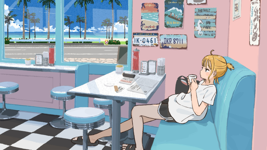 1girl absurdres beach black_footwear black_shorts blonde_hair blue_sky book booth_seating closed_mouth coffee_mug commentary_request cup day diner dolphin_shorts grey_eyes highres holding holding_cup horizon indoors license_plate mashiro_ka mug napkin_holder ocean open_book original palm_tree poster_(object) sandals shirt short_sleeves shorts sitting sky solo stool tile_floor tiles tree white_shirt window