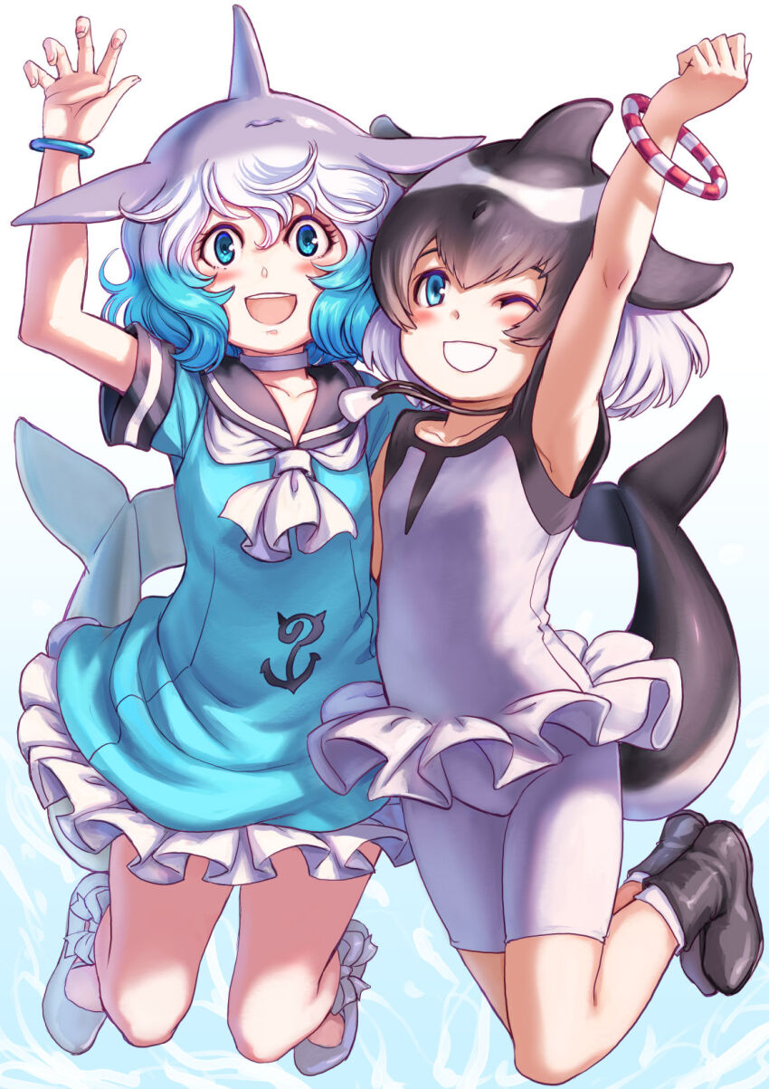 2girls black_footwear black_hair black_one-piece_swimsuit black_trim blowhole blue_dress blue_eyes blue_hair boots bracelet cetacean_tail choker collarbone commerson&#039;s_dolphin_(kemono_friends) common_bottlenose_dolphin_(kemono_friends) dolphin_girl dorsal_fin dress fins fish_tail frilled_dress frilled_one-piece_swimsuit frills grey_hair hair_between_eyes head_fins highres japari_symbol jewelry jumping kemono_friends kosai_takayuki mary_janes midair multicolored_hair multiple_girls neckerchief necklace one-piece_swimsuit one_eye_closed sailor_collar sailor_dress shoes short_sleeves sidelocks socks swimsuit tail two-tone_hair two-tone_one-piece_swimsuit white_choker white_footwear white_hair white_neckerchief white_one-piece_swimsuit white_socks