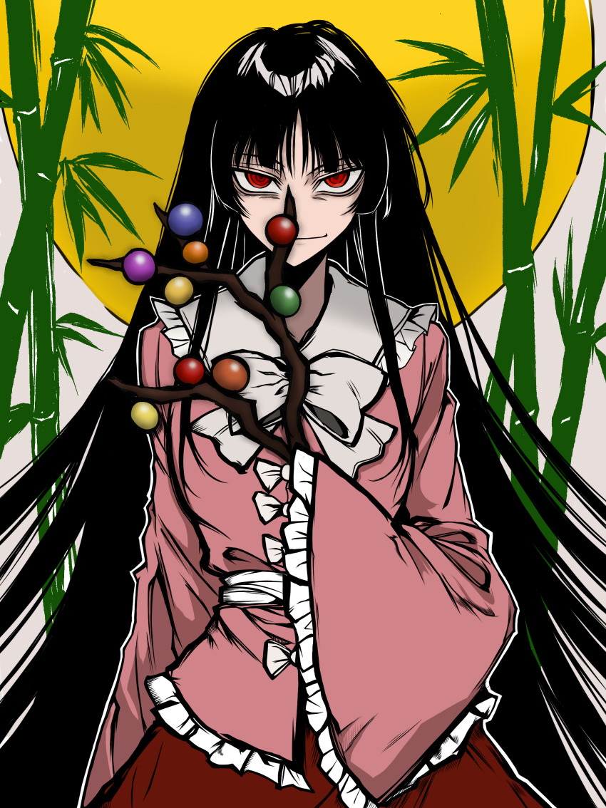 1girl absurdres bamboo black_hair branch frills highres hime_cut houraisan_kaguya jeweled_branch_of_hourai long_hair long_sleeves looking_at_viewer pink_shirt puffy_sleeves red_eyes red_skirt ribbon round_window shirt skirt smile solo touhou very_long_hair voyagehermitage window