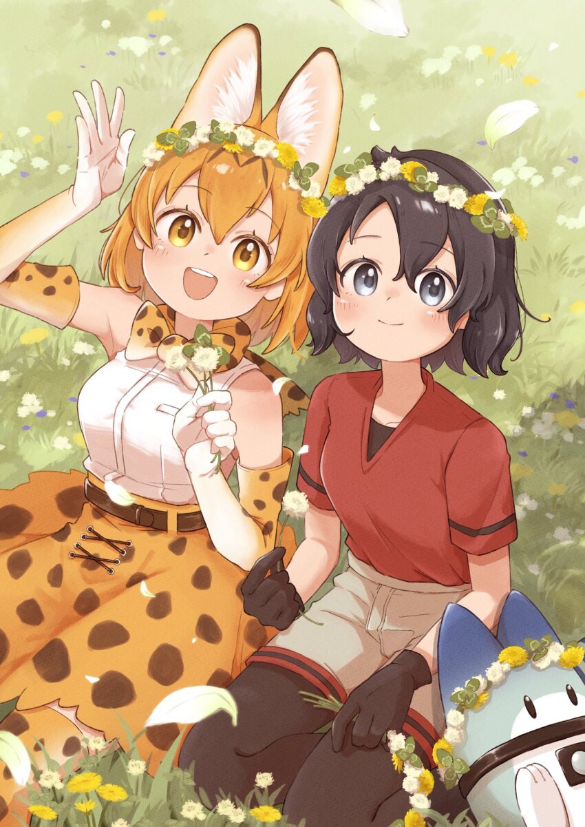 0nanaten 2girls animal_ears animal_print bare_shoulders black_gloves black_hair black_pantyhose blonde_hair blue_eyes blush bow bowtie cat_ears cat_girl cat_print cat_tail elbow_gloves field flower flower_field gloves grass grey_shorts hair_between_eyes head_wreath high-waist_skirt highres kaban_(kemono_friends) kemono_friends looking_at_viewer lucky_beast_(kemono_friends) multiple_girls open_mouth pantyhose print_bow print_bowtie print_gloves print_skirt print_thighhighs red_shirt serval_(kemono_friends) shirt short_hair short_sleeves shorts sidelocks sitting skirt sleeveless smile t-shirt tail thighhighs waving white_gloves white_shirt yellow_eyes zettai_ryouiki