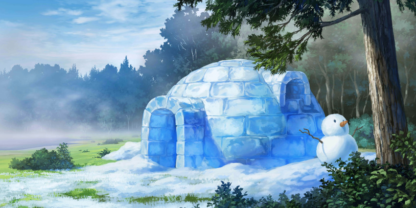 bush carrot cloud day forest grass highres igloo kosian nature no_humans non-web_source official_art river scenery second-party_source sky snow snow_shelter snowman touhou touhou_lostword tree water