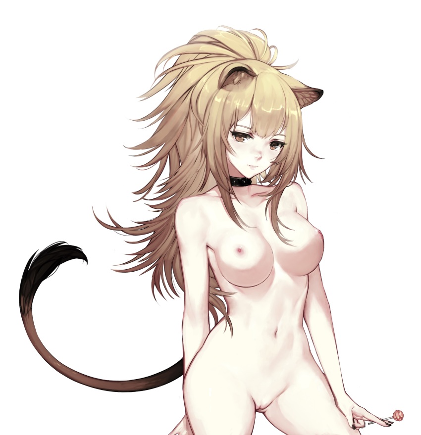 1girl animal_ears arknights arm_behind_back black_nails breasts brown_eyes brown_hair candy choker closed_mouth collarbone cowboy_shot expressionless food gluteal_fold groin hair_between_eyes head_tilt highres holding holding_food lion_ears lion_tail lollipop long_hair looking_at_viewer medium_breasts messy_hair mmmegh nail_polish navel nipples nude ponytail pussy revision sidelocks siege_(arknights) solo tail thighs uncensored