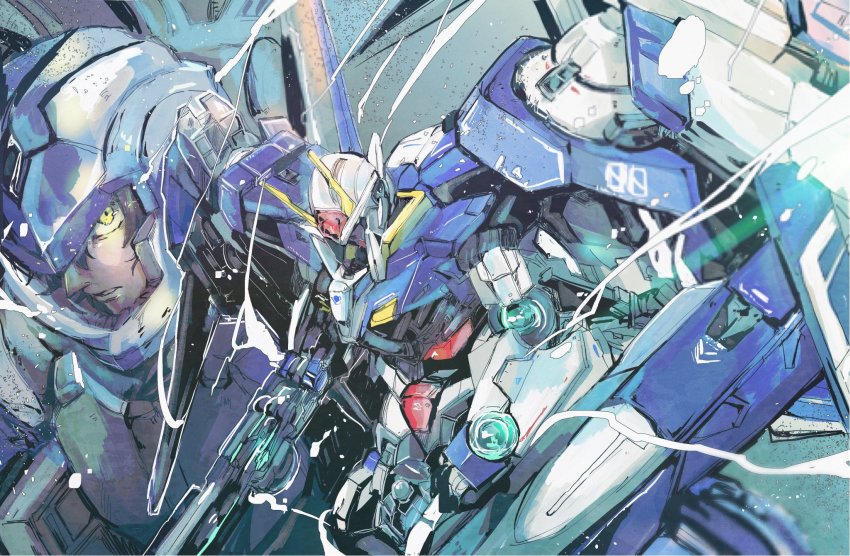 00_gundam 00_raiser 1boy aqua_eyes black_hair blue_headwear commentary gn_drive gundam gundam_00 helmet highres holding holding_weapon kare_(0621utak) looking_at_viewer looking_to_the_side male_focus mecha mobile_suit pilot_suit robot science_fiction setsuna_f._seiei shield upper_body v-fin weapon yellow_eyes