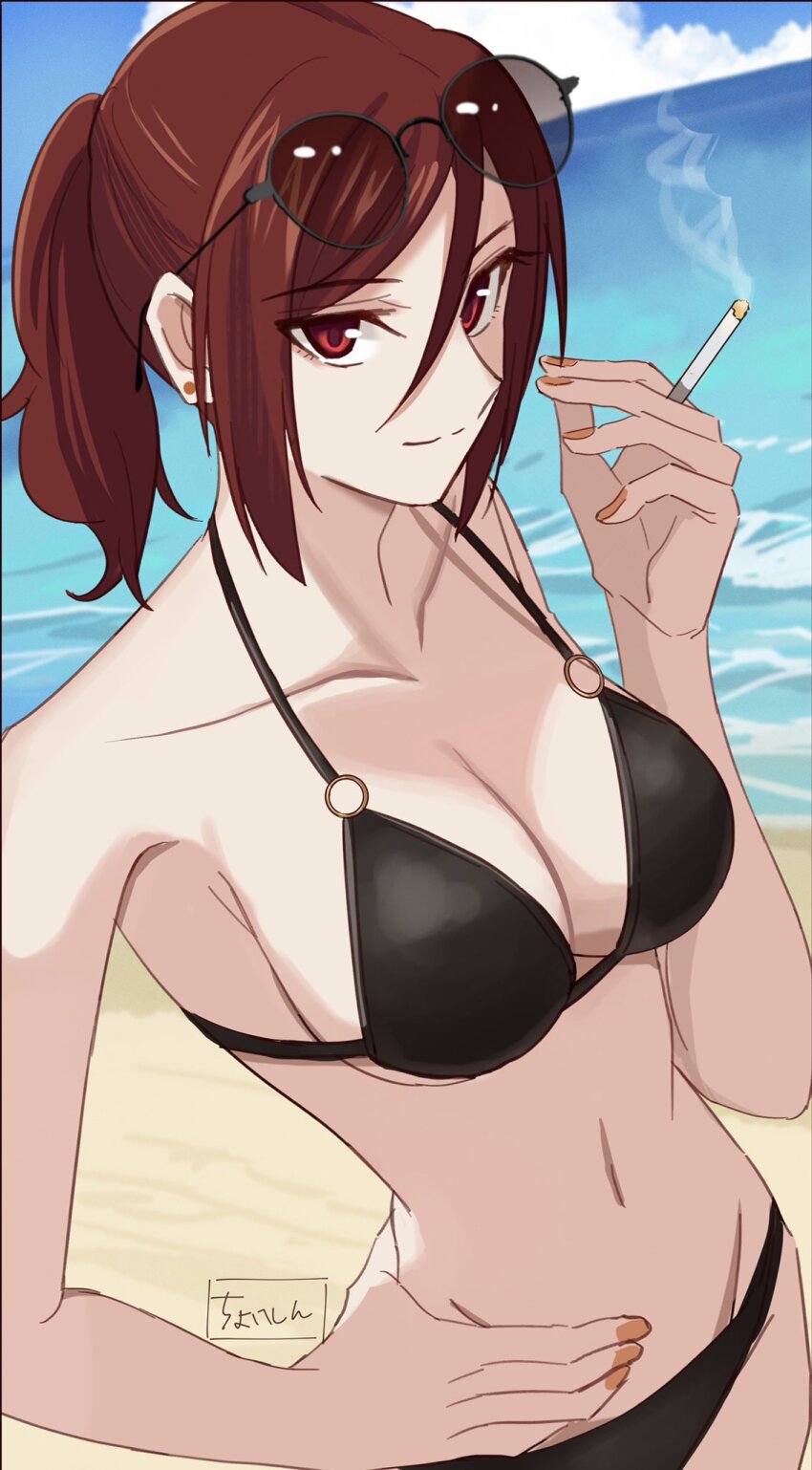 1girl alternate_costume aozaki_touko beach bikini black_bikini blue_sky breasts brown_hair brown_nails cigarette cleavage closed_mouth cloud collarbone commentary_request day eyewear_on_head fingernails hair_between_eyes hand_on_own_hip highres holding holding_cigarette kara_no_kyoukai long_hair looking_at_viewer medium_breasts navel outdoors ponytail red_eyes sand shintyoi2 sidelocks sky smile solo stomach sunglasses swimsuit water