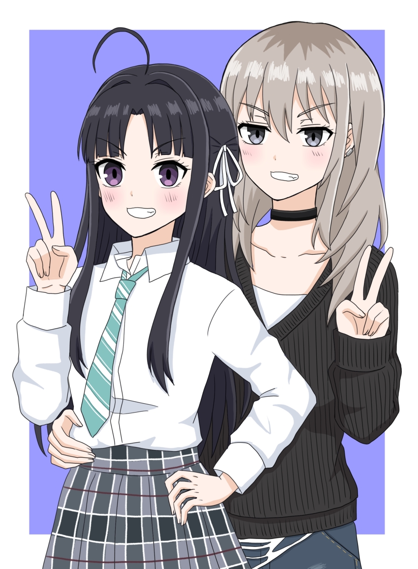 2girls absurdres ahoge awa_subaru black_choker black_hair black_sweater blue_background blue_necktie blue_shorts blush border chinese_commentary choker clenched_teeth collarbone collared_shirt commentary_request cowboy_shot diagonal-striped_clothes diagonal-striped_necktie dress_shirt earclip girls_band_cry grey_eyes grey_hair grey_skirt hair_between_eyes hair_intakes hand_on_another&#039;s_waist hand_up highres kawaragi_momoka long_hair long_sleeves looking_at_viewer mixed-language_commentary multicolored_hair multiple_girls necktie open_mouth outside_border parted_bangs partial_commentary plaid_clothes plaid_skirt pleated_skirt purple_eyes roots_(hair) school_uniform shirt shirt_tucked_in shorts sidelocks simple_background skirt striped_clothes sweater teeth v white_border white_shirt xiaoyu_(xiaoyu0308) yuri