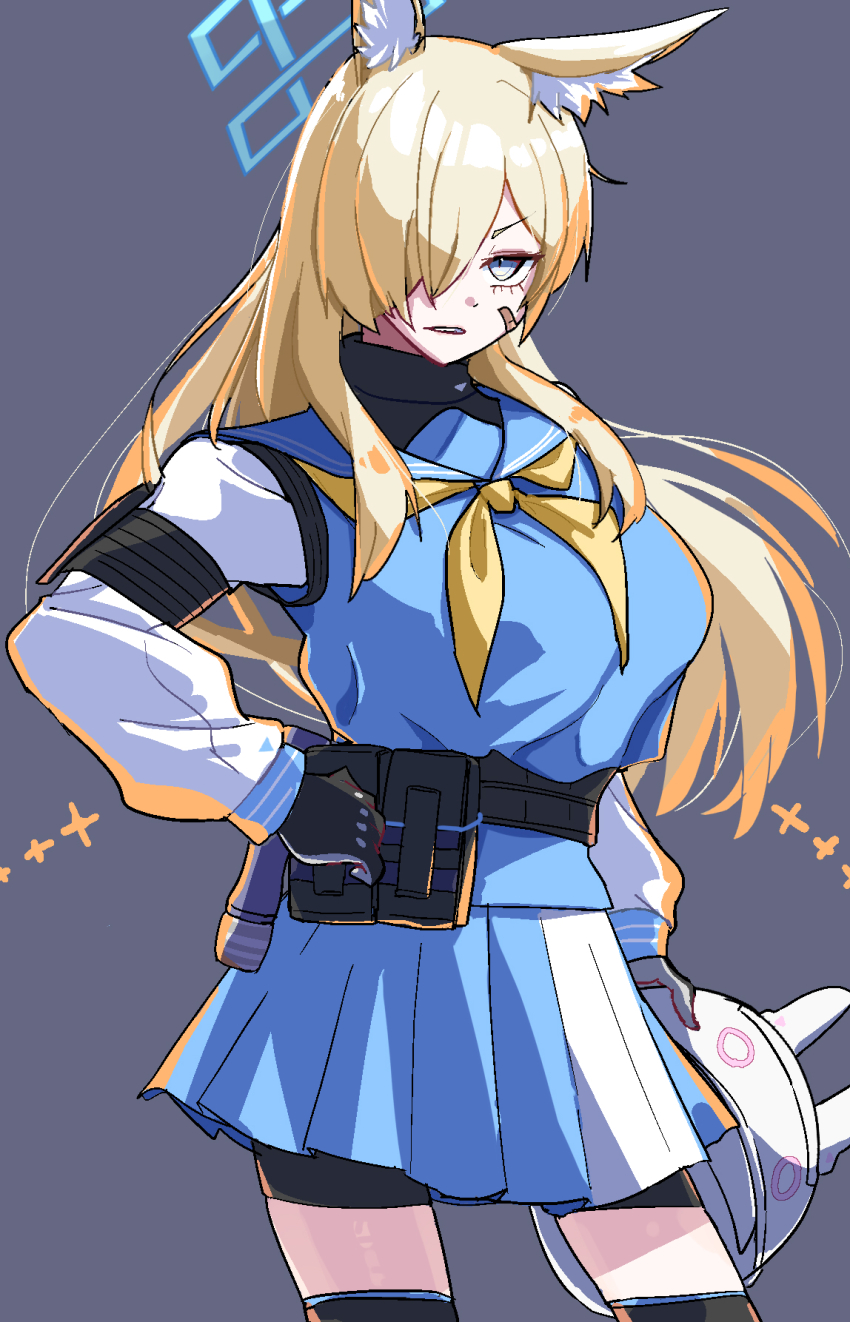 1girl ammunition_pouch animal_ear_fluff animal_ears bandaid bandaid_on_face black_gloves black_shorts black_thighhighs blonde_hair blue_archive blue_eyes blue_sailor_collar blue_skirt blue_vest combat_helmet cosplay dog_ears dog_girl gloves hair_over_one_eye hand_on_own_hip helmet highres holding holding_helmet kanna_(blue_archive) long_hair looking_at_viewer meetnox open_mouth pouch ribbon sailor_collar saki_(blue_archive) saki_(blue_archive)_(cosplay) shirt shorts shorts_under_skirt sidelocks skirt thighhighs vest white_shirt yellow_ribbon