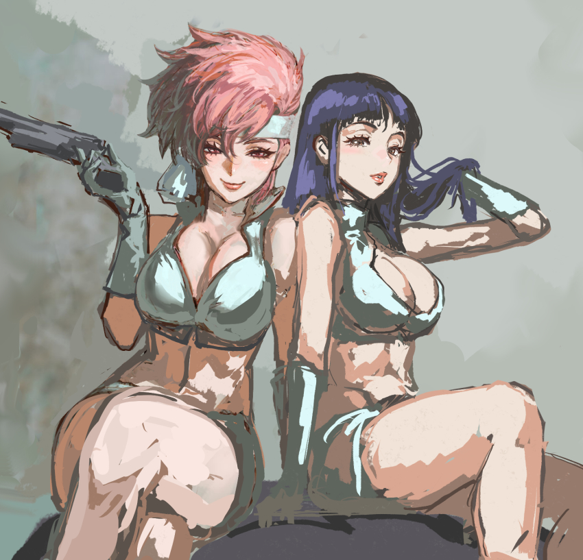 2girls asymmetrical_hair blue_hair blush breasts brown_eyes cleavage closed_mouth commentary crop_top crossed_legs dirty_pair eyelashes feet_out_of_frame fujii_eishun gloves gun hair_between_eyes hand_in_own_hair handgun headband highres holding holding_gun holding_weapon kei_(dirty_pair) large_breasts lips lipstick long_hair looking_at_viewer makeup miniskirt multiple_girls navel parted_lips pencil_skirt red_eyes red_hair red_lips short_hair side-by-side sitting skirt sleeveless smile stomach straight_hair swept_bangs thighs weapon white_gloves white_skirt yuri_(dirty_pair)