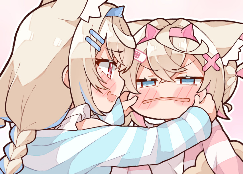 2girls animal_ear_fluff animal_ears blonde_hair blue_eyes blue_hair blue_shirt blush braid cheek_pinching chibi dog_ears dog_girl fang fuwawa_abyssgard highres hololive hololive_english kukie-nyan mococo_abyssgard multiple_girls pinching pink_eyes pink_hair pink_shirt shirt siblings sisters skin_fang smile twins twintails two_side_up virtual_youtuber white_shirt