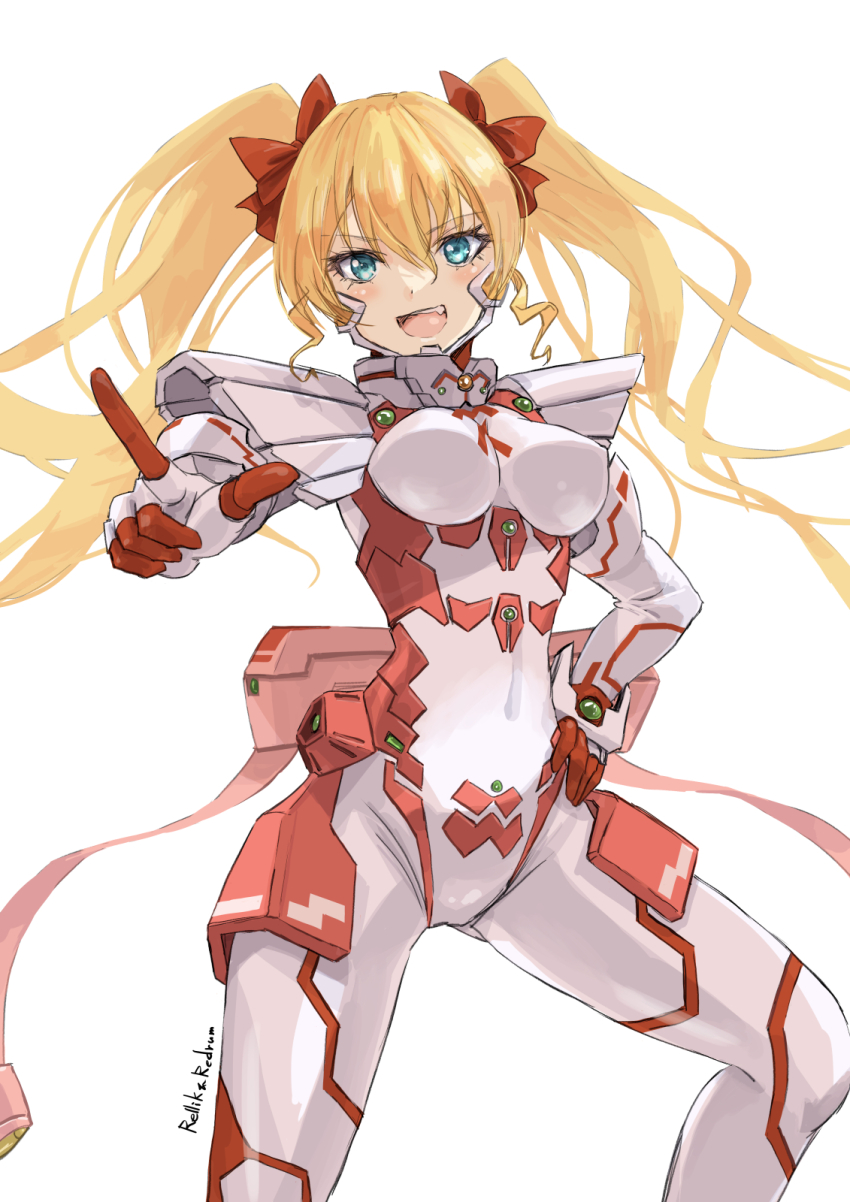 1girl armor armored_bodysuit ayu-mayu_alternative blonde_hair blue_eyes bodysuit breasts covered_navel daikuuji_ayu fortified_suit highres impossible_bodysuit impossible_clothes jun_(rellik_&amp;_redrum) kimi_ga_nozomu_eien long_hair looking_at_viewer mecha_pilot_suit medium_breasts pauldrons pointing pointing_at_viewer red_ribbon ribbon science_fiction shoulder_armor signature skin_tight smile solo twintails white_bodysuit