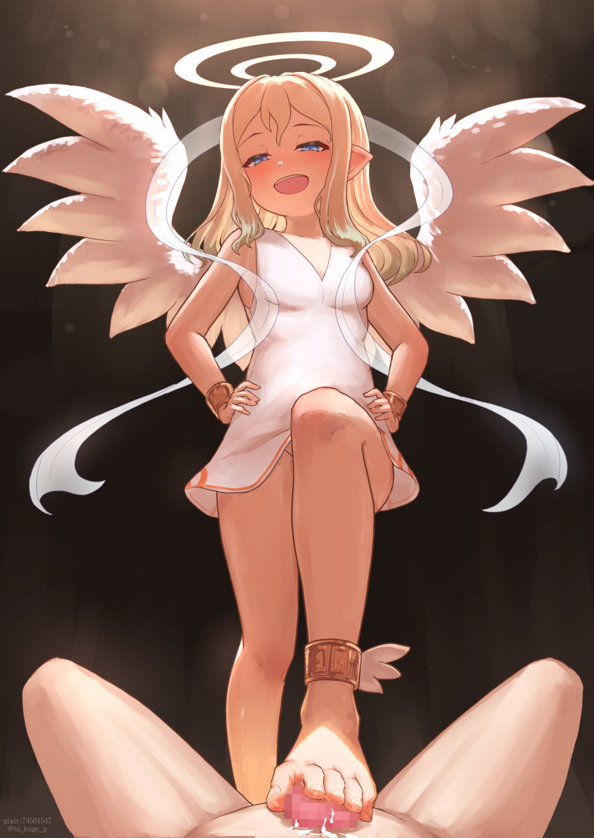 1girl angel angel_wings archangel_mariel barefoot blonde_hair blue_eyes blush clothed_female_nude_male cum feet footjob halo hands_on_own_hips highres long_hair looking_at_viewer mon-musu_quest! nude open_mouth pointy_ears to_kage_p toes wings