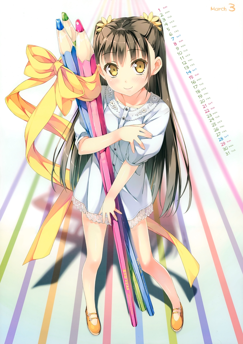 10s 1girl 2015 absurdres blush brown_hair calendar dress eyebrows female_focus full_body hair_ornament highres huge_filesize kantoku looking_at_viewer march nagisa_(kantoku) no_socks non-web_source original oversized_object pencil ribbon shadow shoes smile solo twintails two_side_up yellow_eyes yellow_ribbon