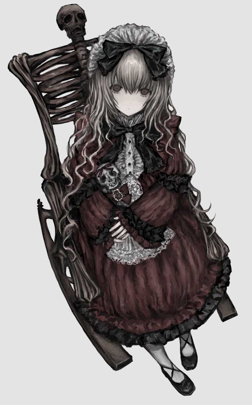 1girl bow chair chan8016 copyright_request dress frilled_dress frills grey_hair highres lolita_fashion pale_skin rocking_chair shoes skeleton skull solo