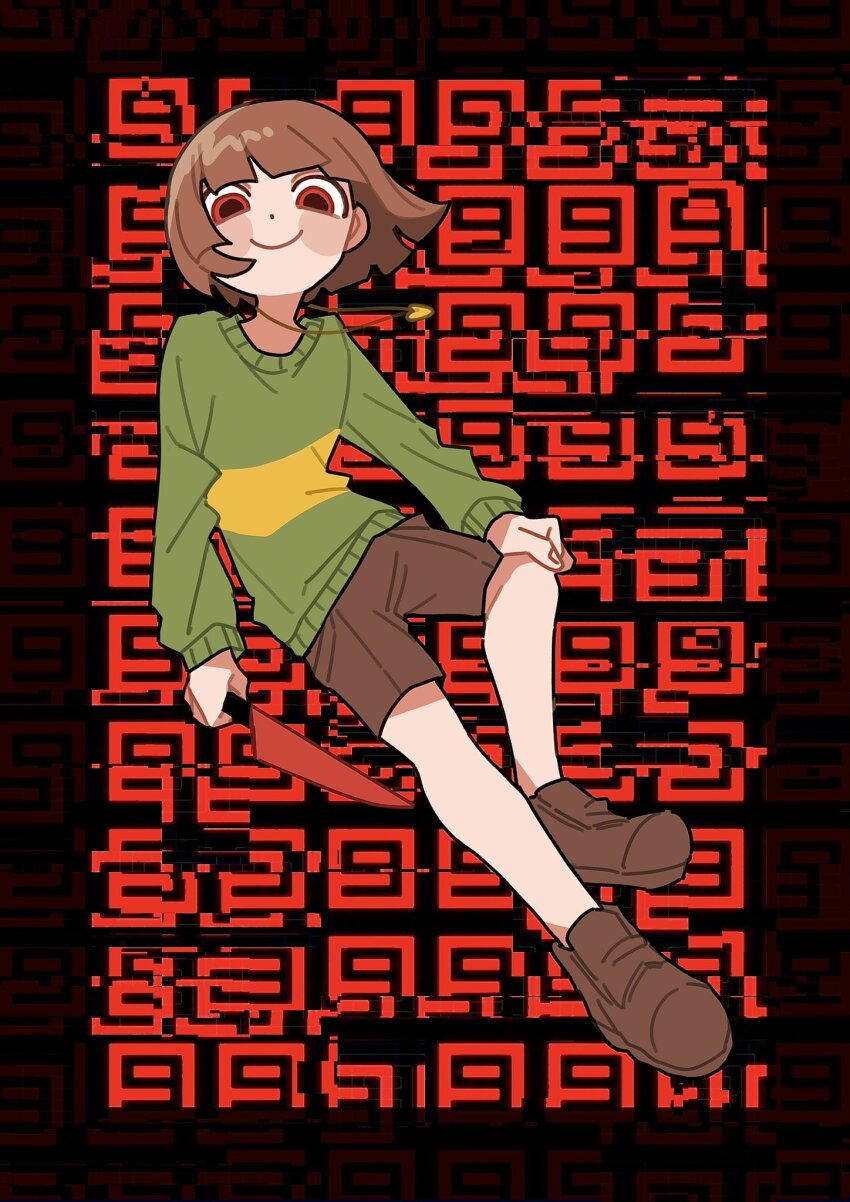 1other androgynous blunt_bangs blush_stickers brown_footwear brown_hair brown_shorts c: chara_(undertale) child full_body green_sweater heart_pendant highres holding holding_knife knife long_sleeves looking_at_viewer no_nose other_focus red_background red_eyes shoes short_hair shorts smile solo sweater tadeno undertale