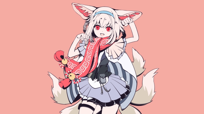 1girl :d animal_ears arknights arm_up bell black_skirt blue_cape blue_hairband brown_tail cape cowboy_shot flat_color gezi_de_lin grey_hair grey_tail hairband hand_up highres jingle_bell layered_skirt looking_at_viewer multiple_tails open_mouth pale_skin paw_pose pink_background pleated_skirt purple_skirt red_eyes red_scarf scarf short_hair short_sleeves simple_background skirt smile solo standing suzuran_(arknights) tail tassel thigh_strap two-sided_cape two-sided_fabric variant_set white_cape white_skirt