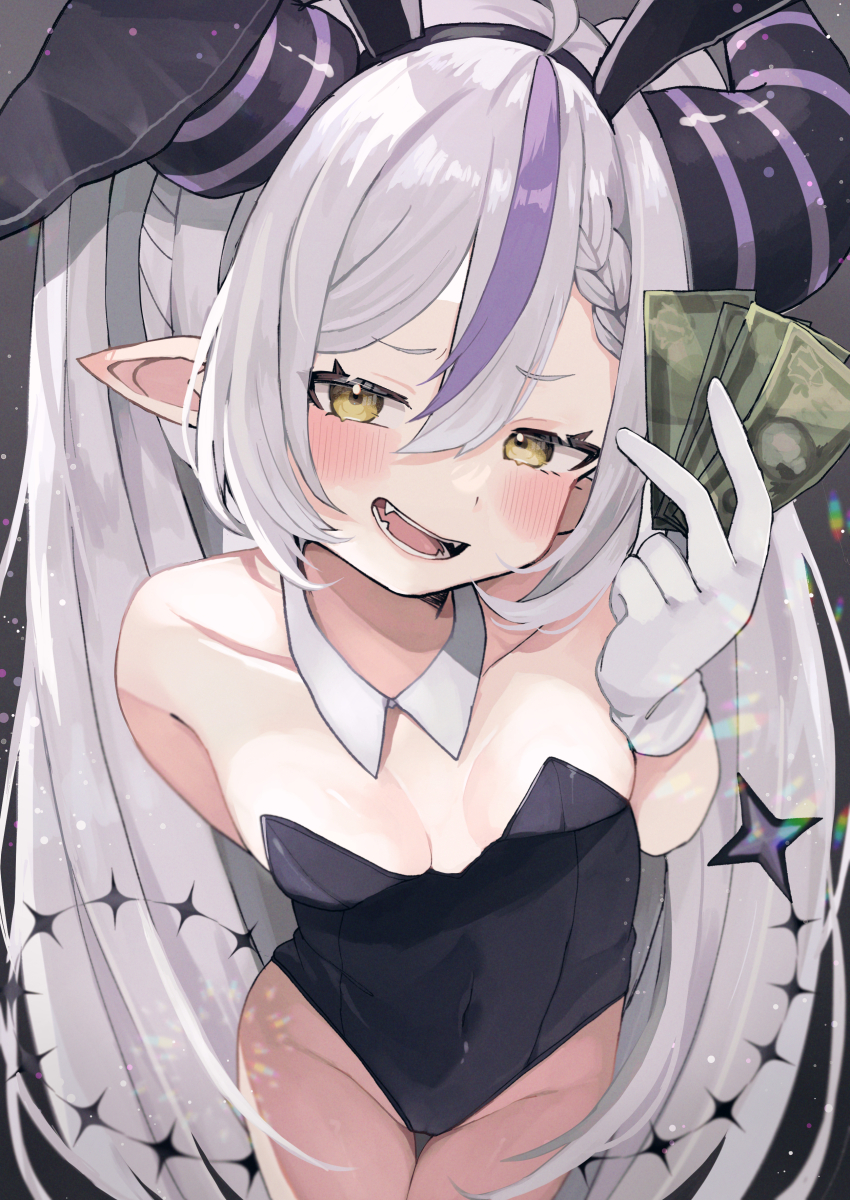 1girl absurdres animal_ears banknote braid breasts covered_navel demon_girl demon_horns fake_animal_ears gloves highres holding holding_money hololive horns la+_darknesss leotard money multicolored_hair nemuta_muu open_mouth playboy_bunny pointy_ears purple_hair rabbit_ears single_braid small_breasts solo streaked_hair striped_horns teeth virtual_youtuber white_hair yellow_eyes