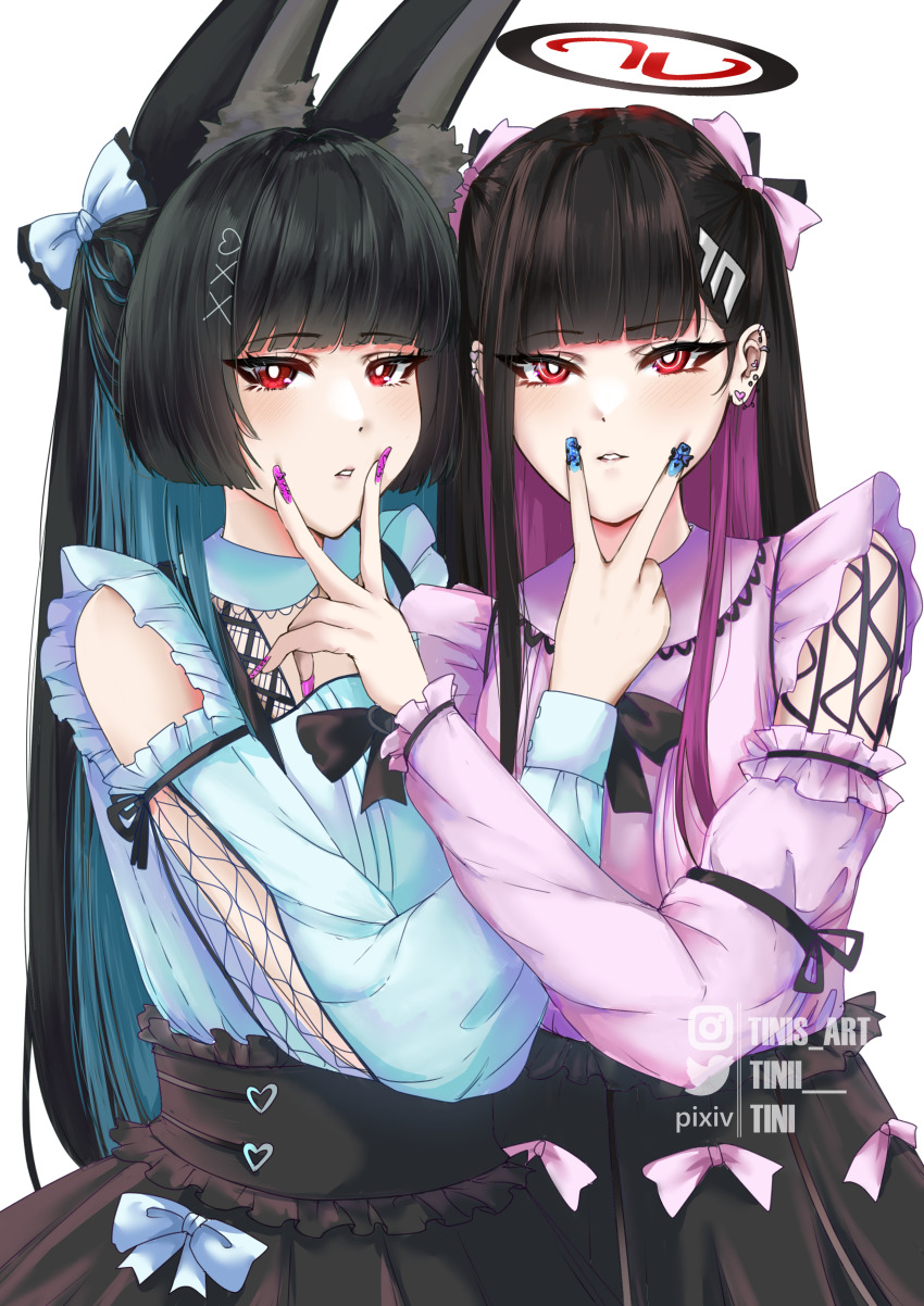 2girls absurdres animal_ear_fluff animal_ears black_hair blue_archive blue_nails commentary ear_piercing fox_ears hair_ornament hairclip halo highres hoshimi_miyabi jirai_kei long_hair looking_at_viewer multiple_girls parted_lips piercing purple_hair purple_nails red_eyes ringed_eyes rio_(blue_archive) simple_background skirt tini v white_background zenless_zone_zero