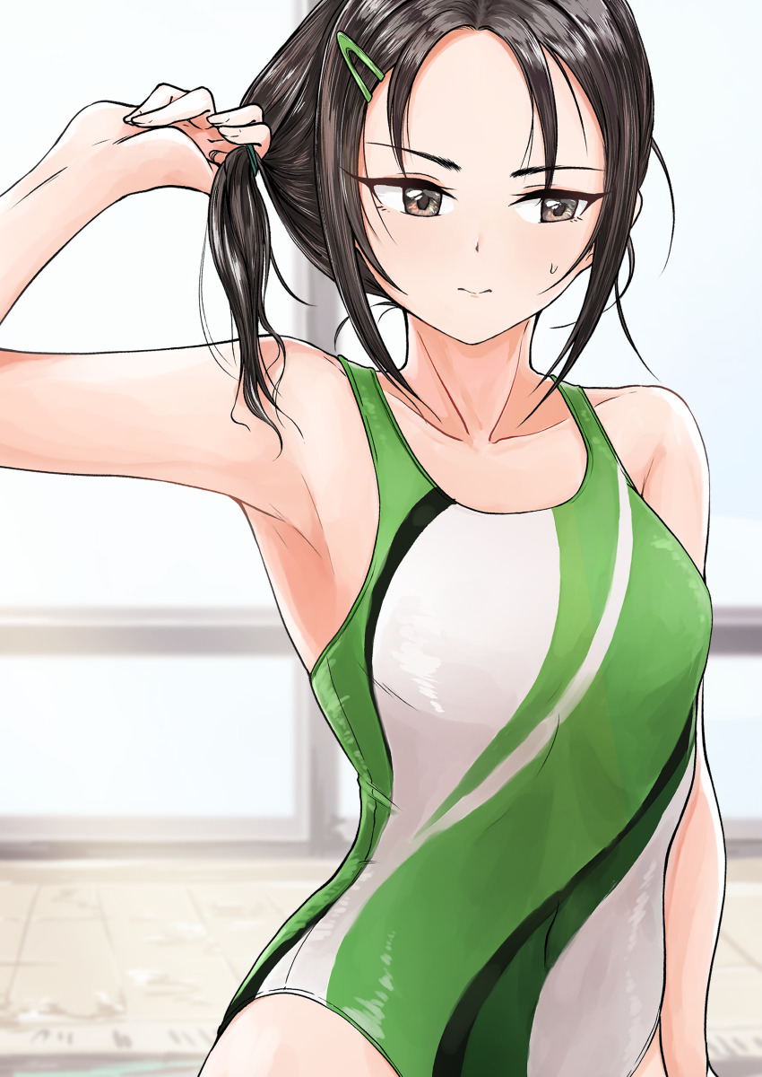 1girl absurdres aoki_kei armpits bare_shoulders breasts brown_eyes brown_hair competition_swimsuit covered_navel green_one-piece_swimsuit hair_ornament highres idolmaster idolmaster_cinderella_girls one-piece_swimsuit solo swimsuit trainer_(idolmaster) ushimochi