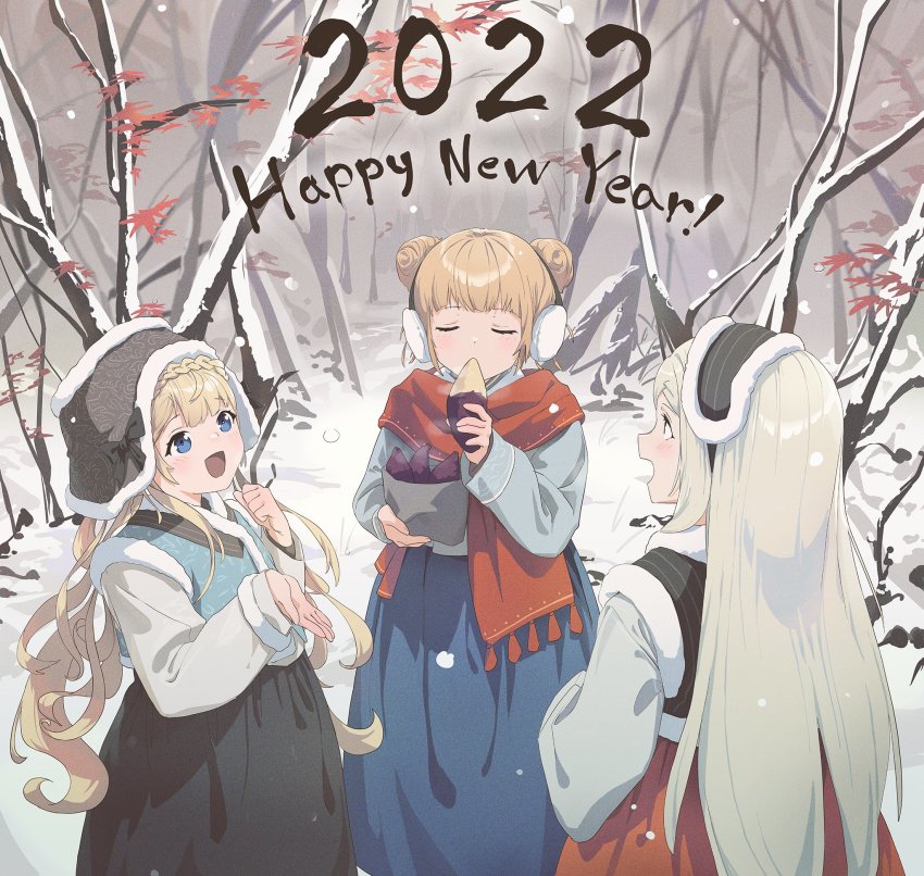 2022 3girls arhat_(destiny_child) aurora_(destiny_child) blue_eyes destiny_child double_bun earmuffs closed_eyes food hair_bun hanbok happy_new_year highres holding holding_food korean_clothes leaf long_hair maple_leaf multiple_girls new_year nirrti_(destiny_child) scarf single_hair_bun snow sweet_potato very_long_hair wavy_hair winter wonchun