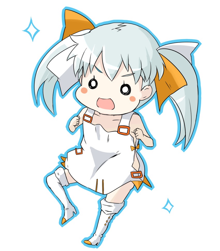 &gt;:o 10s 1girl :o boots chibi dress esupe female_focus grey_eyes hair_ribbon highres open_mouth ribbon shoes simple_background sleeveless solo sparkle tama_(wixoss) thighhighs twintails v-shaped_eyebrows white_background white_dress white_footwear white_hair wixoss