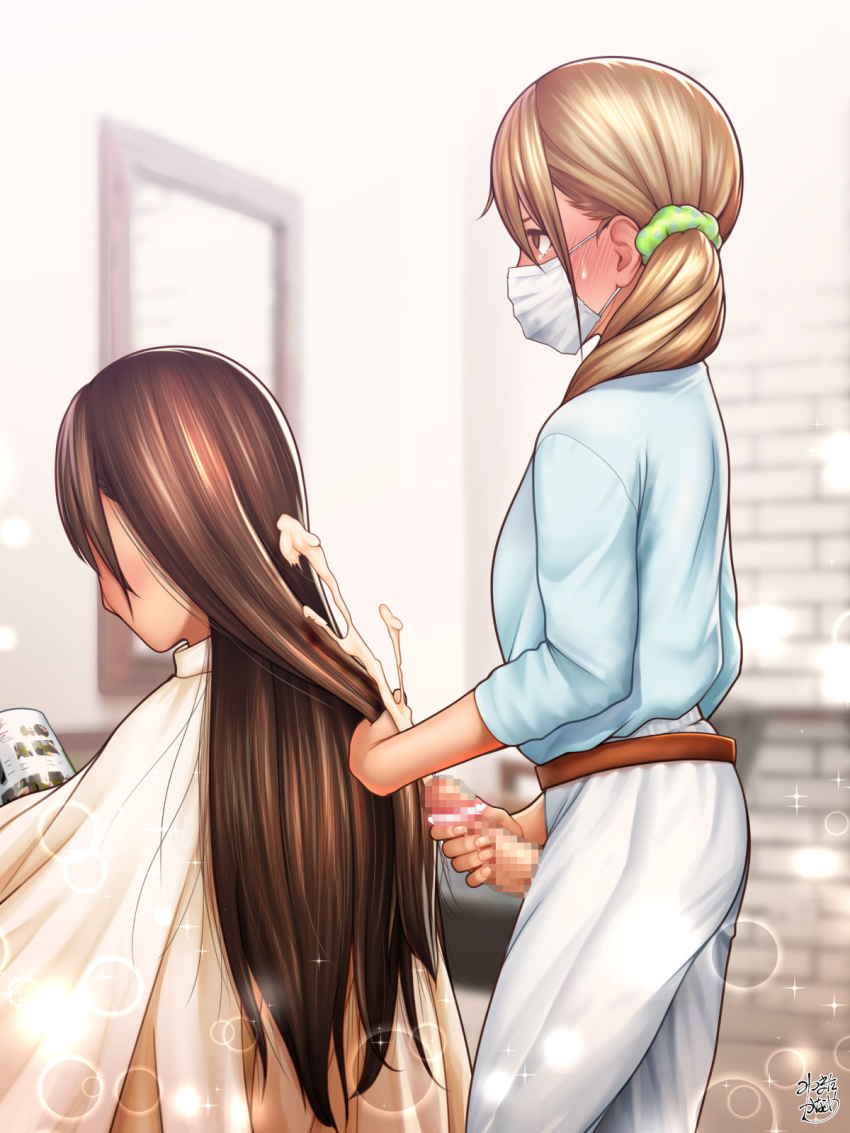 1futa 1girl barber_cape barber_shop blonde_hair blush brown_eyes brown_hair censored cum cum_on_hair daisy_mitsumata ejaculation erection futanari futanari_masturbation highres long_hair magazine_(object) mask masturbation original penis reading stealth_masturbation sweatdrop