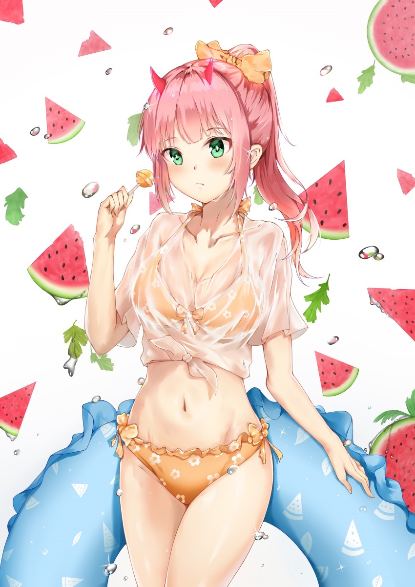 10s 1girl :/ bad_id bad_pixiv_id bikini bikini_under_clothes blunt_bangs bow breasts bright_pupils candy cleavage closed_mouth collarbone cowboy_shot darling_in_the_franxx female_focus floral_print food freckles fruit hair_bow halterneck highres holding holding_food horns innertube lollipop long_hair looking_at_viewer medium_breasts no_hairband orange_bikini orange_bow ponytail print_bikini see-through_clothes shiny_skin shirt short_sleeves side-tie_bikini_bottom solo sparkle standing swim_ring swimsuit thighs tied_shirt water water_drop watermelon watermelon_seeds wet wet_clothes wet_shirt white_background white_shirt zero_two_(darling_in_the_franxx)