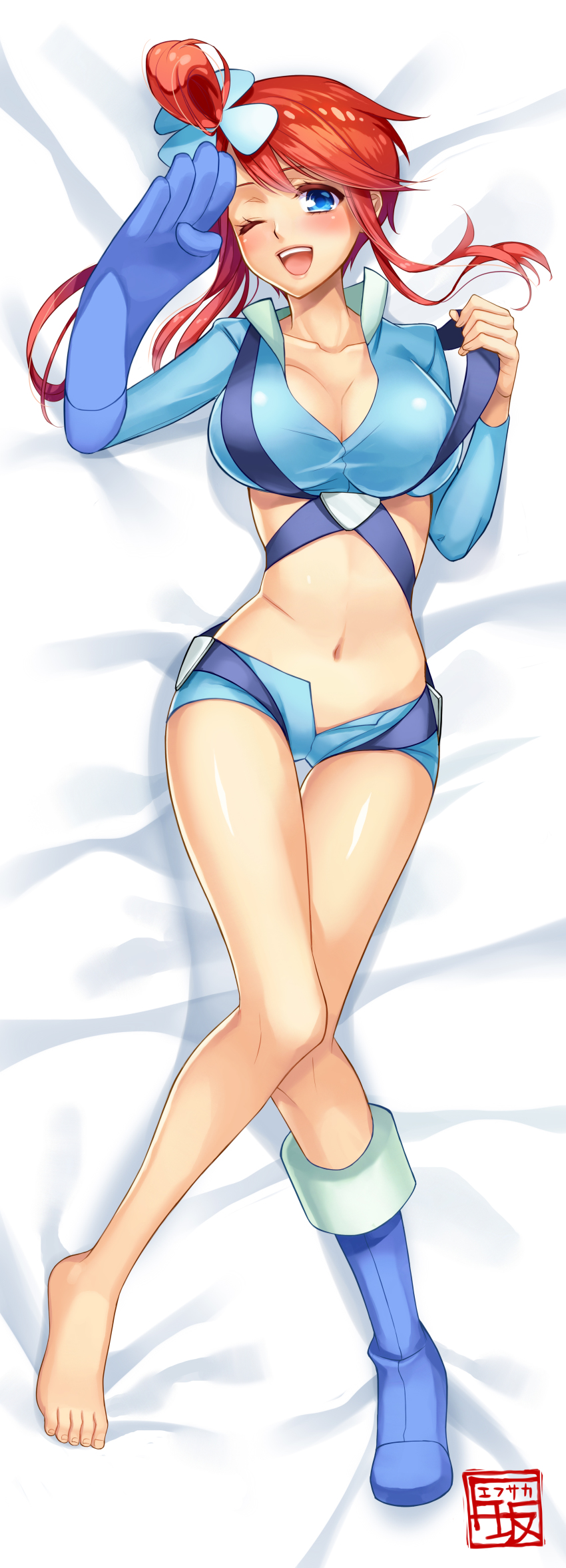 10s 1girl absurdres alternate_color bad_id bad_pixiv_id barefoot blue_eyes blue_footwear blush boots breasts cleavage creatures_(company) crop_top dakimakura_(medium) feet female_focus full_body game_freak gloves gym_leader hair_ornament highres knees_together_feet_apart large_breasts long_image lying midriff navel nintendo on_back one_eye_closed open_mouth pokemon pokemon_bw red_hair salute shinobiya_fsaka shiny_skin shirt shoes shorts single_glove single_shoe skyla_(pokemon) solo tall_image taut_clothes taut_shirt thigh_gap thighs wink