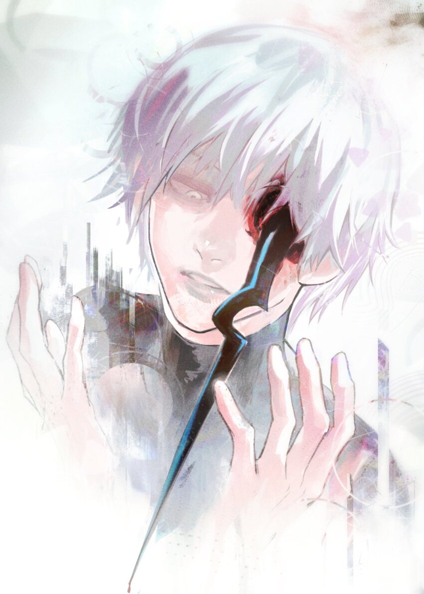 1boy ammenite grey_background grey_hair hair_between_eyes hands_up highres kaneki_ken male_focus parted_lips portrait short_hair solo teeth tokyo_ghoul tokyo_ghoul:re