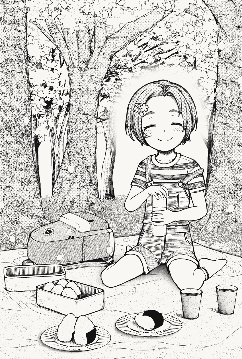 absurdres backpack bag bento cherry_blossoms closed_eyes cup disposable_cup dot_nose facing_viewer food greyscale hair_ornament hairclip highres idolmaster idolmaster_cinderella_girls idolmaster_cinderella_girls_u149 looking_at_viewer luilui_0525 lunchbox monochrome onigiri overall_shorts overalls picnic ryuzaki_kaoru short_hair sitting socks thermos wariza