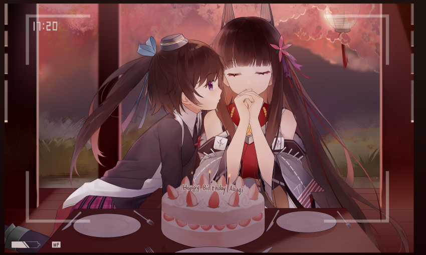 2girls absurdres akagi_(warship_girls_r) bare_shoulders birthday_cake black_hair blunt_bangs brown_hair cake chichengde_haotidu_afusang closed_eyes flower food hair_flower hair_ornament hat highres long_hair looking_at_another multiple_girls own_hands_together plate ponytail purple_eyes smile table warship_girls_r