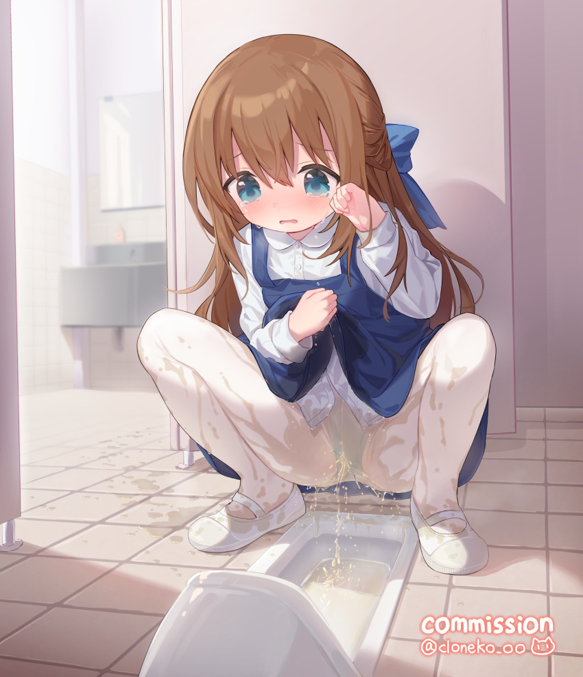 1girl blue_bow blue_dress blue_eyes blue_panties blush bow brown_hair cloneko_(zelmeledf2) clothes_lift commission crying crying_with_eyes_open dress dress_lift embarrassed female_focus full_body hair_bow indoors long_hair long_sleeves mary_janes original panties pantyhose parted_lips pee pee_stain pee_trail peeing peeing_self puddle restroom shoes skeb_commission solo spread_legs squat_toilet squatting tears thighs tile_floor tiles toilet_stall underwear water_drop wet wet_clothes wet_dress white_footwear white_pantyhose