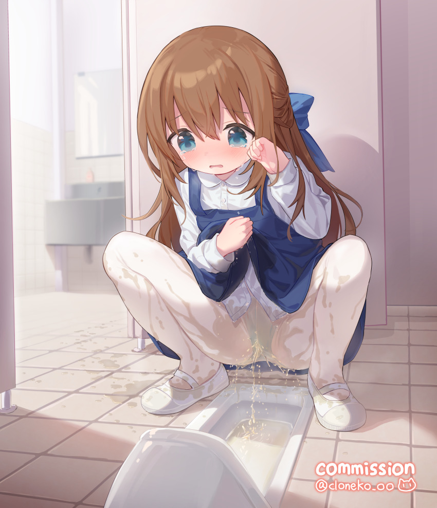 1girl blue_bow blue_dress blue_eyes blue_panties blush bow brown_hair cloneko_(zelmeledf2) clothes_lift commission crying crying_with_eyes_open dress dress_lift embarrassed female_focus full_body hair_bow highres indoors long_hair long_sleeves mary_janes original panties pantyhose parted_lips pee pee_stain pee_trail peeing peeing_self puddle restroom shoes skeb_commission solo spread_legs squat_toilet squatting tears thighs tile_floor tiles toilet_stall underwear water_drop wet wet_clothes wet_dress white_footwear white_pantyhose