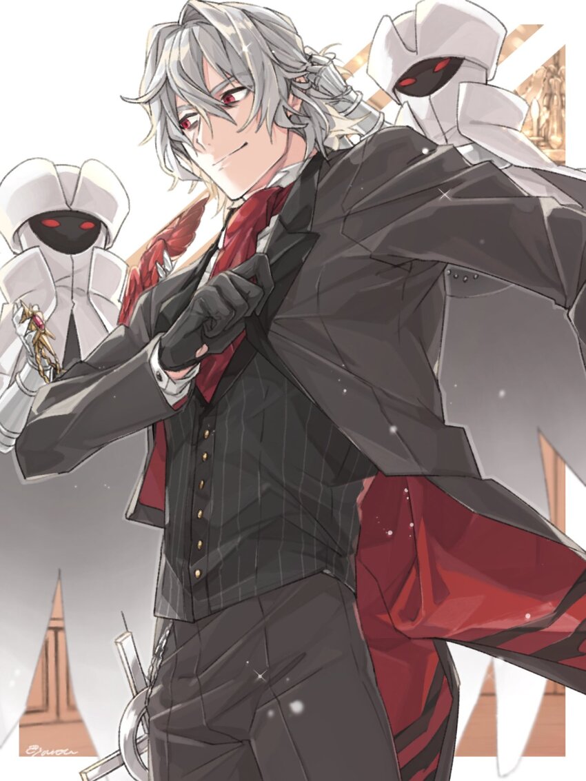 1boy adjusting_another&#039;s_hair antonio_salieri_(fate) antonio_salieri_(fgo_orchestra)_(fate) antonio_salieri_(second_ascension)_(fate) artist_name ascot bags_under_eyes black_coat black_gloves black_vest border brooch closed_mouth coat coattails cowboy_shot dressing fate/grand_order fate_(series) gauntlets gloves grey_hair grey_pants hair_between_eyes hair_intakes half_updo highres holding holding_another&#039;s_hair holding_brooch holding_jewelry jewelry light_particles long_sleeves looking_at_another male_focus medium_hair open_clothes open_coat outside_border pants pinstripe_pattern pinstripe_vest red_ascot red_eyes smile standing striped_clothes striped_vest the_man_in_grey_(fate) twitter_username vertical-striped_clothes vertical-striped_vest vest white_border yu_yukiya1012