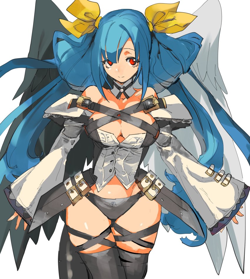 1girl 2344 absurdres angel_wings asymmetrical_wings bare_shoulders belt belt_buckle black_belt black_panties black_thighhighs black_wings blue_hair breasts buckle buttons cleavage closed_mouth collarbone cowboy_shot detached_collar detached_sleeves dizzy_(guilty_gear) eyebrows eyelashes feathers groin guilty_gear guilty_gear_xrd hair_between_eyes hair_ribbon highres large_breasts long_hair long_sleeves low_twintails panties red_eyes ribbon shirt sidelocks simple_background smile solo standing swept_bangs thigh_strap thighhighs turtleneck twintails underwear white_background white_belt white_wings wide_sleeves wings yellow_ribbon