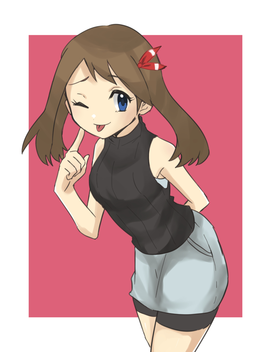 1girl ;p alternate_costume arm_behind_back bare_shoulders black_shirt black_shorts blue_eyes border brown_hair cowboy_shot creatures_(company) game_freak hair_ribbon highres index_finger_raised looking_at_viewer may_(pokemon) nintendo one_eye_closed outside_border pokemon pokemon_(anime) pokemon_rse_(anime) red_background red_ribbon ribbed_shirt ribbon shirt shorts shorts_under_skirt skirt sleeveless sleeveless_shirt solo tehepero tongue tongue_out white_border white_skirt yuuki510510