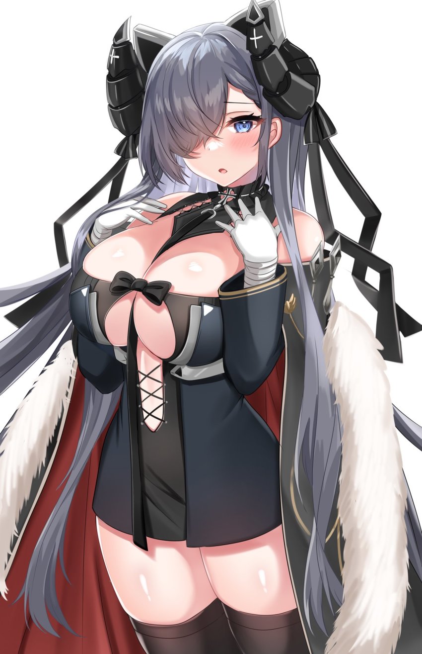 1girl august_von_parseval_(azur_lane) azur_lane bare_shoulders between_breasts black_dress black_hair black_thighhighs blue_eyes breasts cape cleavage cowboy_shot curled_horns detached_collar dress fur_trim gloves hair_over_one_eye hands_up highres horns katsushika_pachi large_breasts long_hair long_sleeves looking_at_viewer off_shoulder parted_lips short_dress sidelocks simple_background solo thighhighs very_long_hair white_background white_gloves zettai_ryouiki