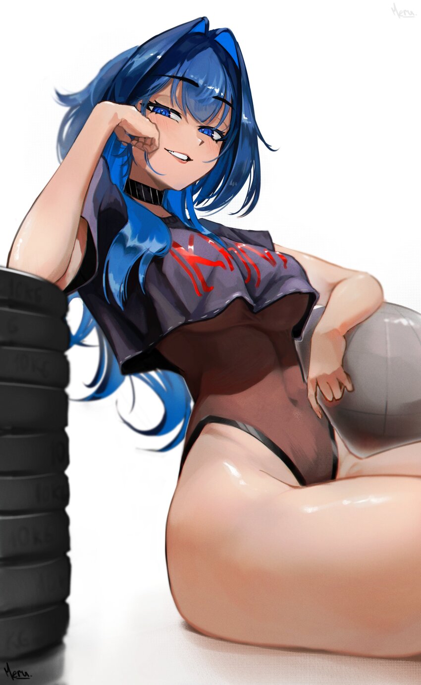 1girl absurdres alternate_costume ball black_choker black_leotard black_shirt blue_eyes blue_hair blush choker commentary crop_top exercise_ball highres hololive hololive_english leotard looking_at_viewer m3ru naughty_face ouro_kronii shirt signature simple_background sitting smile solo thighs virtual_youtuber weights white_background