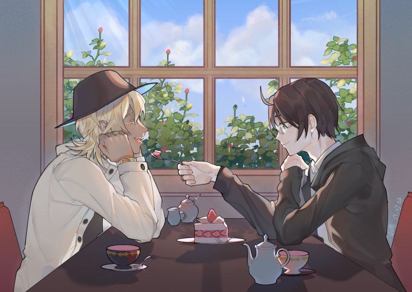 2boys akutsu_mabu black_hair black_headwear black_jacket blonde_hair blue_sky blush cake cake_slice chair cloud cup dark_skin dark-skinned_male dated day elbows_on_table eye_contact feeding food fork fruit glasses glint green_eyes hat highres hongxiaoyuji jacket jewelry long_sleeves looking_at_another male_focus multiple_boys niiboshi_reo open_mouth ring sarazanmai shadow sharp_teeth sitting sky spoon strawberry table teacup teapot teeth watch white_jacket window wristwatch yaoi