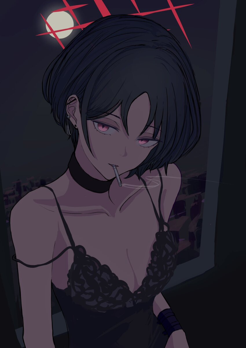 1girl aka_afl_o bare_shoulders black_hair blue_archive bra breasts camisole choker cigarette cleavage collarbone ear_piercing earrings full_moon halo highres jewelry looking_at_viewer misaki_(blue_archive) moon mouth_hold parted_lips piercing pink_eyes short_hair small_breasts smoke smoke_trail solo strap_slip stud_earrings underwear upper_body window wristband