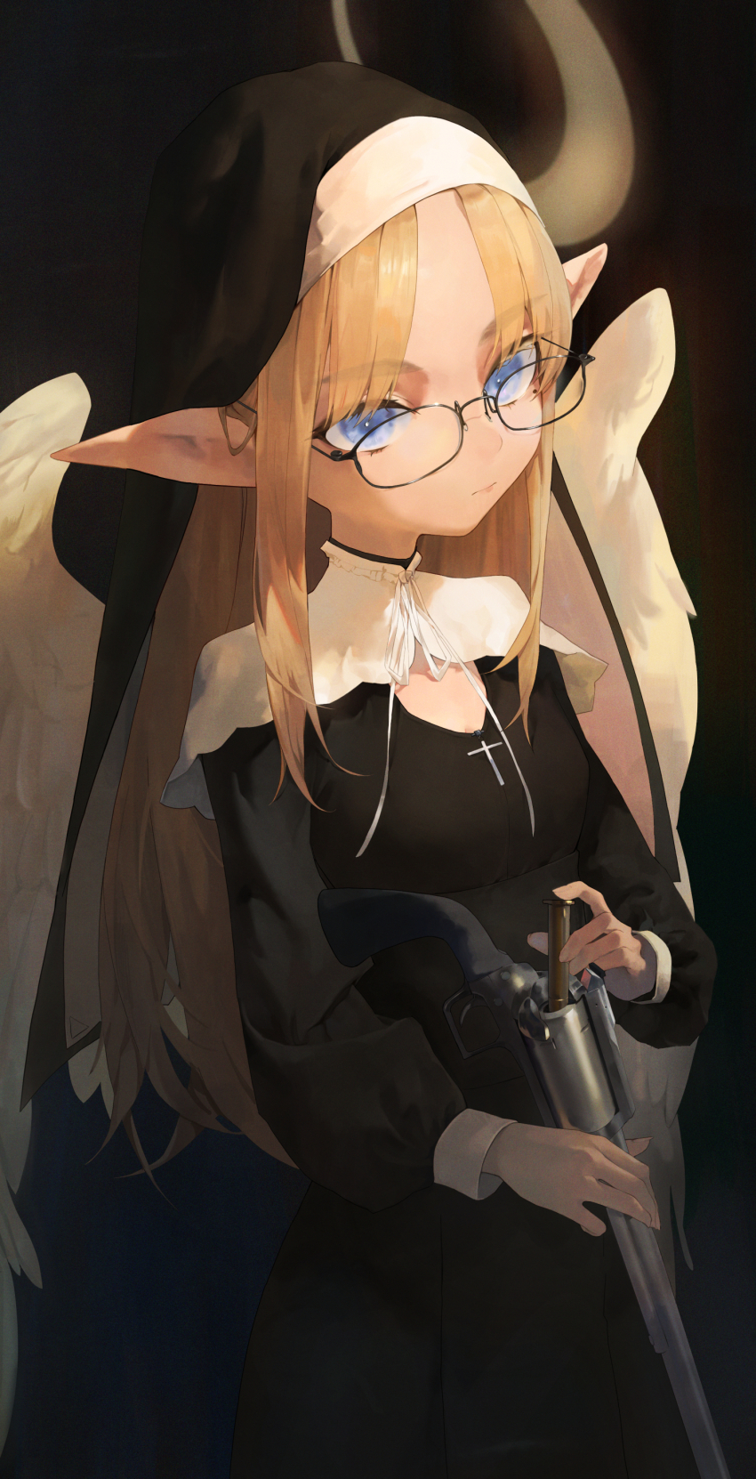 1girl 240mmap absurdres angel black_dress blonde_hair blue_eyes breasts commentary_request cross dress expressionless feathered_wings glasses gun halo handgun highres holding holding_gun holding_weapon long_hair nun original pointy_ears reloading revolver small_breasts solo weapon white_wings wings