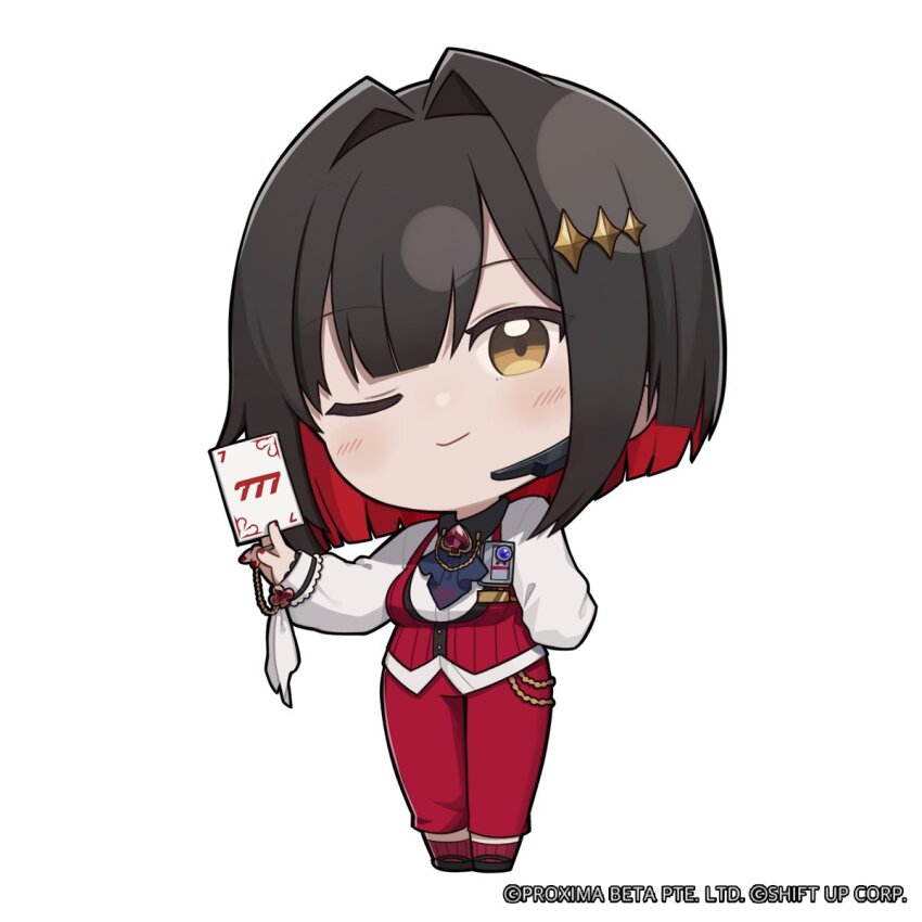 1girl black_hair bob_cut card chibi colored_inner_hair formal_clothes goddess_of_victory:_nikke highres holding holding_card multicolored_hair official_art one_eye_closed red_eyes red_hair red_suit rouge_(nikke) short_hair solo suit totatokeke