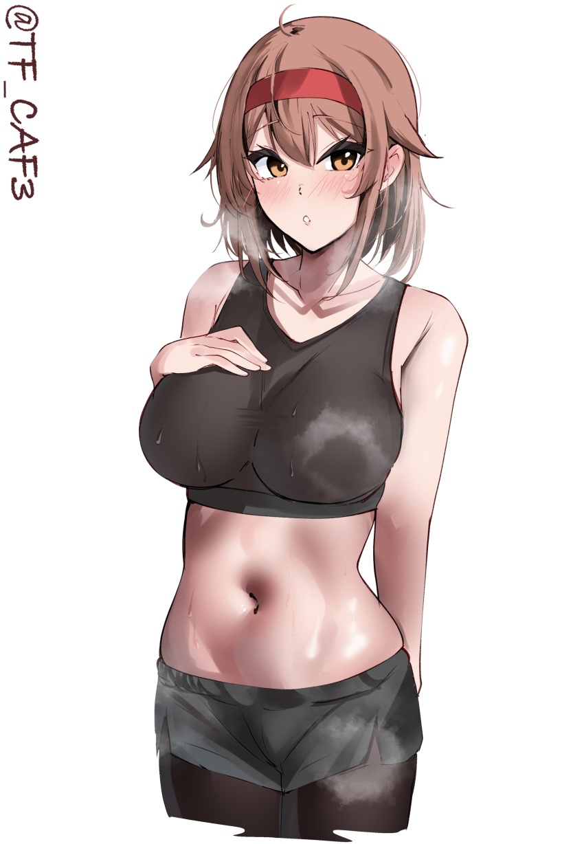 1girl absurdres black_shorts blush breasts breath brown_eyes brown_hair collarbone hairband hand_on_own_chest heavy_breathing highres hot kantai_collection large_breasts leggings looking_at_viewer medium_breasts open_mouth red_hairband shiratsuyu_(kancolle) short_hair shorts simple_background solo sports_bra sportswear sweat tf_cafe twitter_username white_background