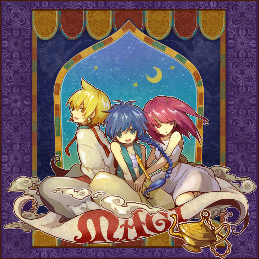 1girl 2boys aladdin_(magi) alibaba_saluja bandaged_chest blonde_hair blue_eyes braid copyright_name dot_nose dress earrings flute instrument jewelry long_braid magi_the_labyrinth_of_magic moon morgiana multiple_boys oil_lamp open_mouth pink_eyes pink_hair single_braid sitting smoke star_(sky) tasuku_(bixbite) vest white_dress yellow_eyes