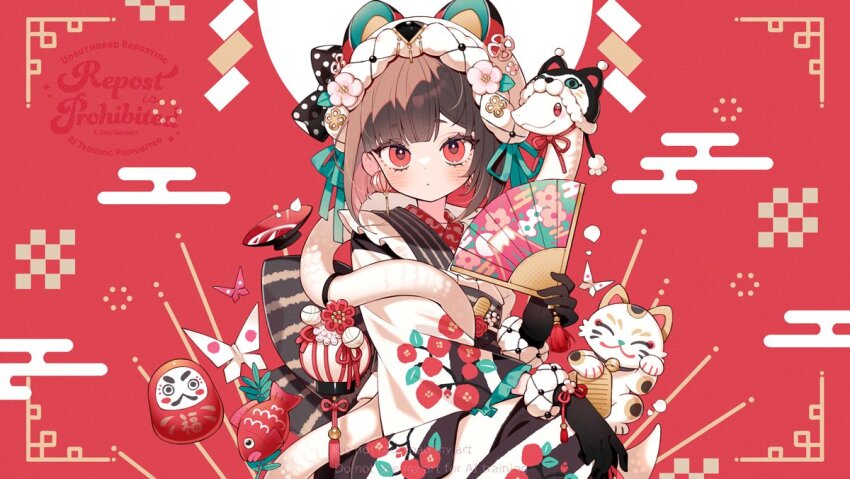 1girl animal_ears black_gloves blush bonnet brown_hair closed_mouth earrings egasumi flower folding_fan frills gloves hair_flower hair_ornament hand_fan holding holding_fan japanese_clothes jewelry kimono long_sleeves looking_at_viewer original paper_fan red_background red_eyes solo uekura_eku upper_body