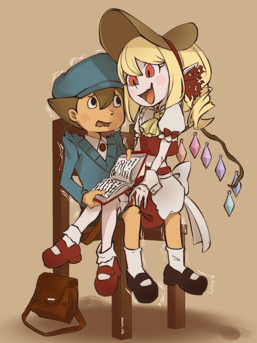 1boy ascot bag bat_wings blonde_hair blush book brown_hair crossover crystal flandre_scarlet hat highres karumi_jpg loafers luke_triton multicolored_wings on_chair one_side_up professor_layton puffy_short_sleeves puffy_sleeves red_eyes red_footwear red_skirt red_vest school_bag shoes short_sleeves side_ponytail skirt skirt_set touhou trembling vest white_hat wings yellow_ascot