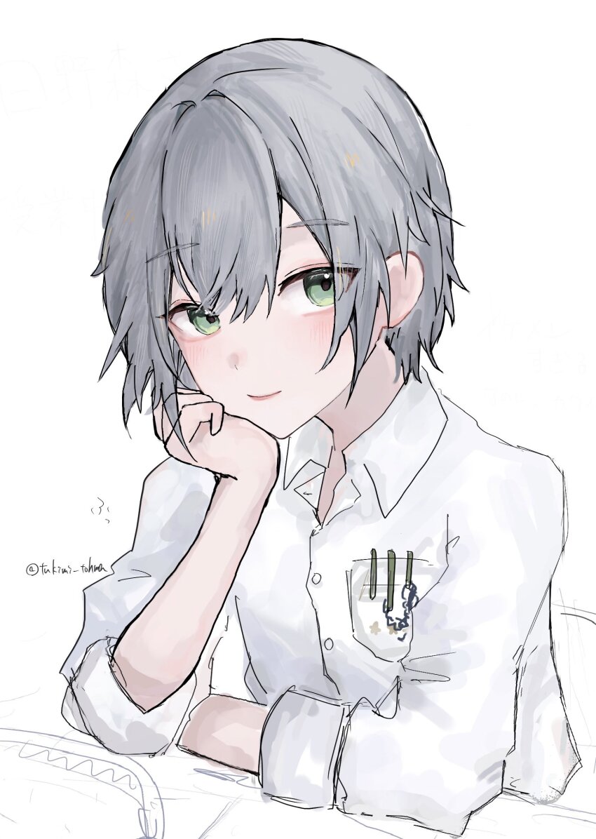 1girl blush breast_pocket closed_mouth collared_shirt green_eyes grey_hair head_on_hand head_rest highres hinomori_shiho looking_at_viewer pencil pocket project_sekai shirt short_hair simple_background sketch sleeves_rolled_up smile solo tukimi_tohma twitter_username upper_body white_background white_shirt