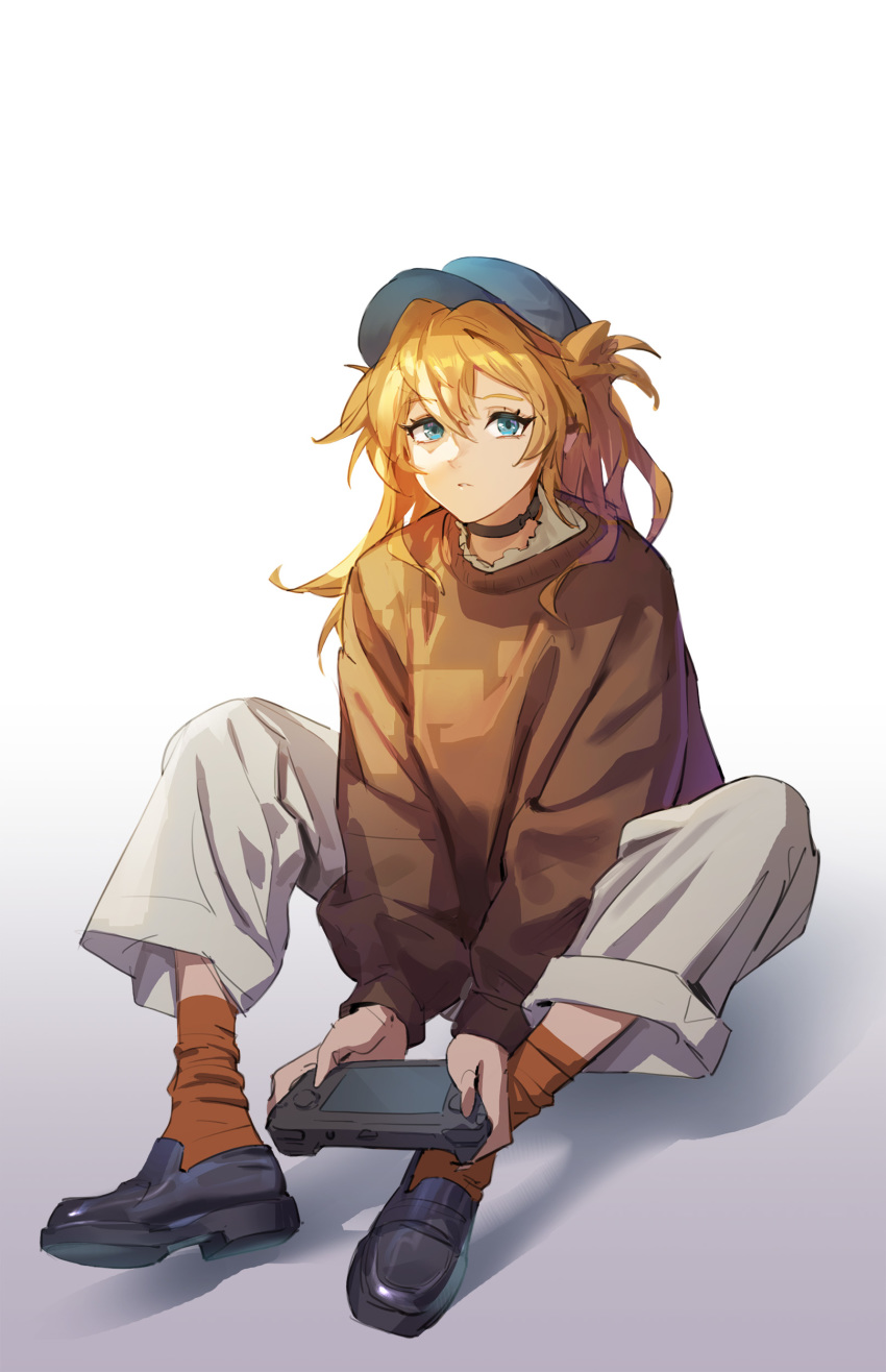 1girl absurdres blue_eyes c.x.c choker commentary_request highres long_hair looking_at_viewer mary_janes messy_hair neon_genesis_evangelion orange_hair shadow shoes simple_background sitting socks solo souryuu_asuka_langley steam_deck sweater tsurime