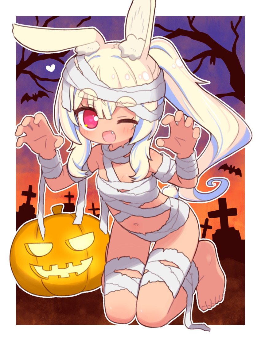 :d animal_ear_fluff animal_ears bandaged_arm bandaged_head bandaged_leg bandaged_torso bandages bare_tree barefoot bat_(animal) blonde_hair border breasts commentary costume dusk etrian_odyssey eyelashes fang flying gradient_sky graveyard halloween halloween_costume heart highres jack-o&#039;-lantern kneeling long_hair loose_bandages masurao_(sekaiju) masurao_2_(sekaiju) midriff mummy mummy_costume naga_u naked_bandage navel one_eye_closed open_mouth orange_sky outdoors outline outside_border ponytail pumpkin purple_sky rabbit_ears rabbit_girl rabbit_tail red_eyes sekaiju_no_meikyuu sekaiju_no_meikyuu_5 sidelocks sky small_breasts smile tail thigh_gap toes tombstone tree very_long_hair white_border white_outline