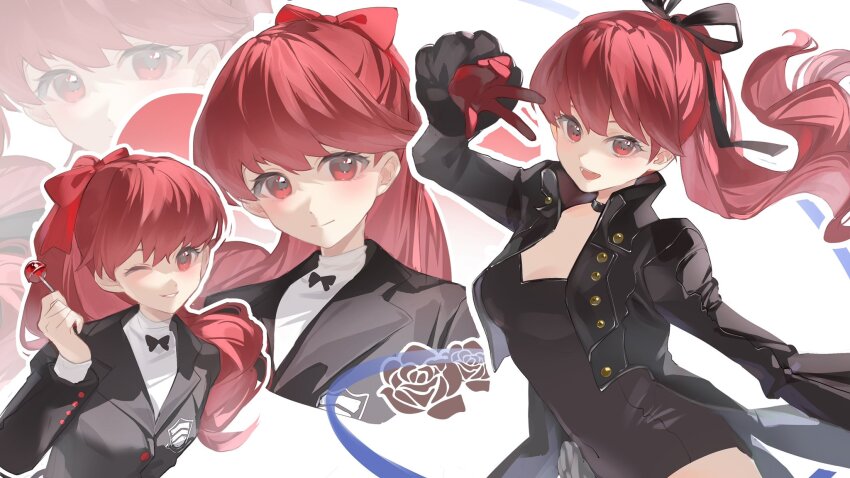 1girl black_choker black_leotard black_ribbon candy choker cropped_jacket floating_hair food hair_ribbon hashtag-only_commentary highres holding holding_candy holding_food leotard lollipop long_hair looking_at_viewer multiple_views open_mouth persona persona_5 persona_5_the_royal red_eyes red_hair ribbon school_uniform shirt shuujin_academy_school_uniform smile strapless strapless_leotard w white_shirt yoshizawa_kasumi yun_(dl2n5c7kbh8ihcx)