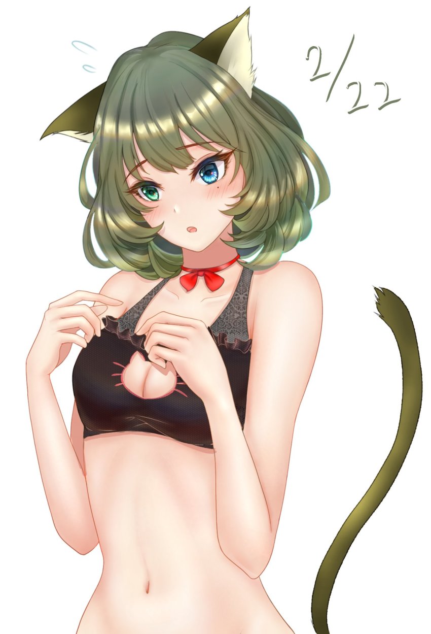 1girl animal_ears blue_eyes breasts cat_cutout cat_ears cat_girl cat_lingerie cat_tail choker cinderella_bust cleavage cleavage_cutout clothing_cutout collarbone green_eyes green_hair heterochromia highres idolmaster idolmaster_cinderella_girls kemonomimi_mode medium_breasts medium_hair meme_attire mole mole_under_eye nyome991 open_mouth red_ribbon ribbon ribbon_choker simple_background small_breasts solo tail takagaki_kaede upper_body white_background